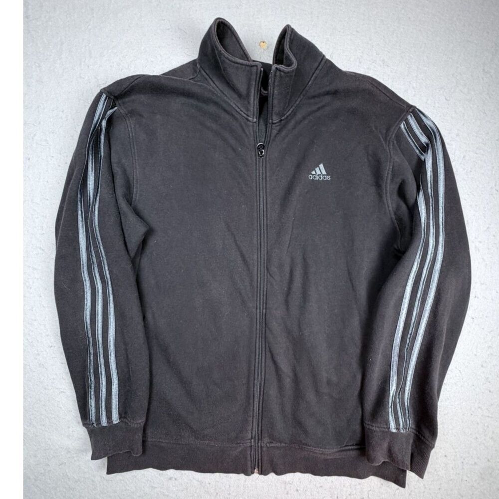 Adidas Men XL Black Long Sleeve Full Zip Collar Sweatshirt Stripes Polo Athletic